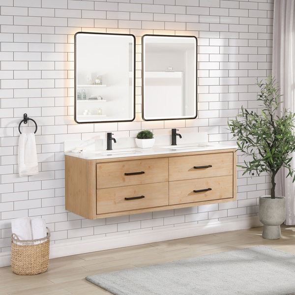 Ebern Designs Zytavious 60'' Wall Mounted Double Bathroom Vanity with Quartz Top with Mirror ...